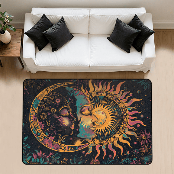 CURLYOOT Abstract Moon And Sun Flower Boho Area Rug 3x5 Ft Rugs for Entryway Entrance Kitchen, Washable Non Slip Indoor Floor Carpet for Bedroom Living Room
