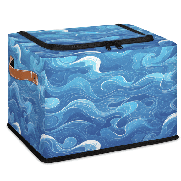 CURLYOOT Abstract Ocean Waves Striped Storage Bin with Zipper Lid, Fabric Storage Basket with Handles, Decorative Foldable Storages Box Clothes Organizer for Closet, Shelf