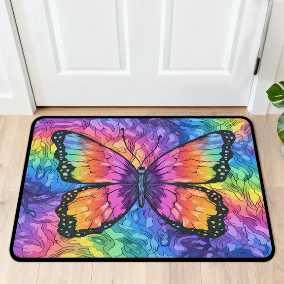 CURLYOOT Abstract Rainbow Butterfly Front Door Mat, Washable Non-Slip Door Mat, Indoor Outdoor Floor Mats Absorbent Welcome Doormat for Entrance 20" x 30"