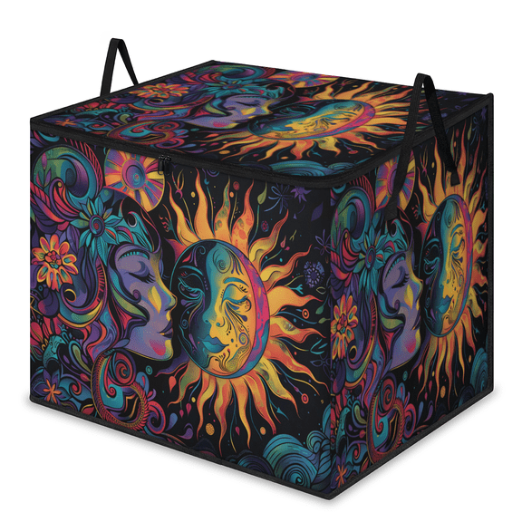 CURLYOOT Abstract Sun And Moon Boho Large Storage Bag, Clothes Storage Bin Foldable Closet Organizer with Handle, Fabric Storage Containers for Clothing, Blanket, Comforter, Bedding