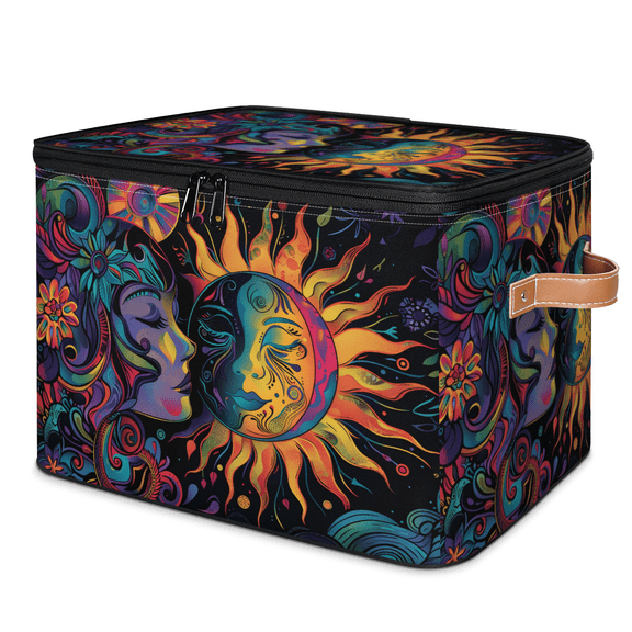 CURLYOOT Abstract Sun And Moon Boho Storage Bins with Lid, Decorative Fabric Storage Boxes, Foldable Closet Shelf Organizer Baskets for Bedroom, Living Room, Home