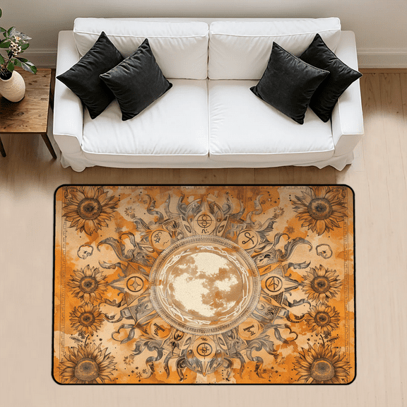 CURLYOOT Abstract Sun Moon Floral Hippie Boho Area Rug 3x5 Ft Rugs for Entryway Entrance Kitchen, Washable Non Slip Indoor Floor Carpet for Bedroom Living Room