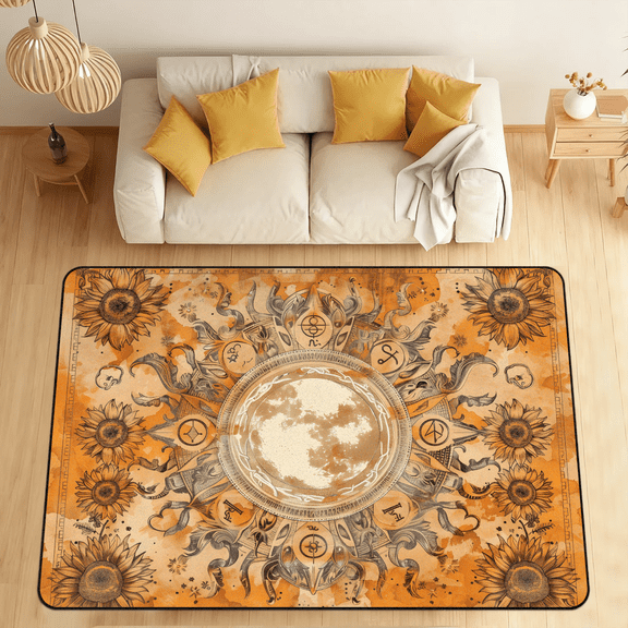 CURLYOOT Abstract Sun Moon Floral Hippie Boho Area Rugs 5'x7' Washable Rug Large Living Room Rug Non Slip Indoor Floor Carpet for Dining Room Bedroom Home