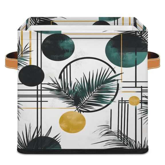 CURLYOOT Abstract Tropical Plant 11 x 11 Inch Cube Storage Bin, Fabric Storage Cube Foldable Basket with Leather Handles, Organizer Basket for Closet Shelves