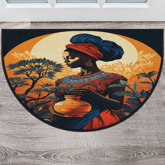 CURLYOOT African American Black Women Half Round Door Mat 24'' x 36'', Indoor Outdoor Entrance Rug, Semi Circular Area Rug, Non Slip Washable Absorbent Doormat, Laundry Room Rug
