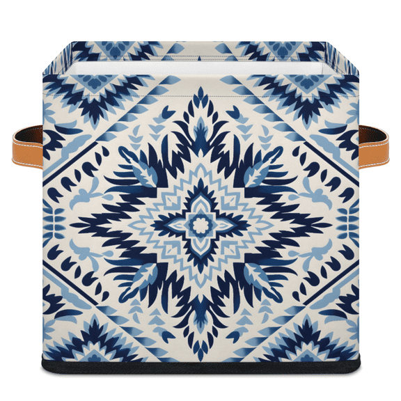 CURLYOOT African Ethnic Cube Storage Bin 11 Inch Fabric Storage Cube for Shelves Decorative Foldable Basket with Leather Handle for Closet Shelves Organizer
