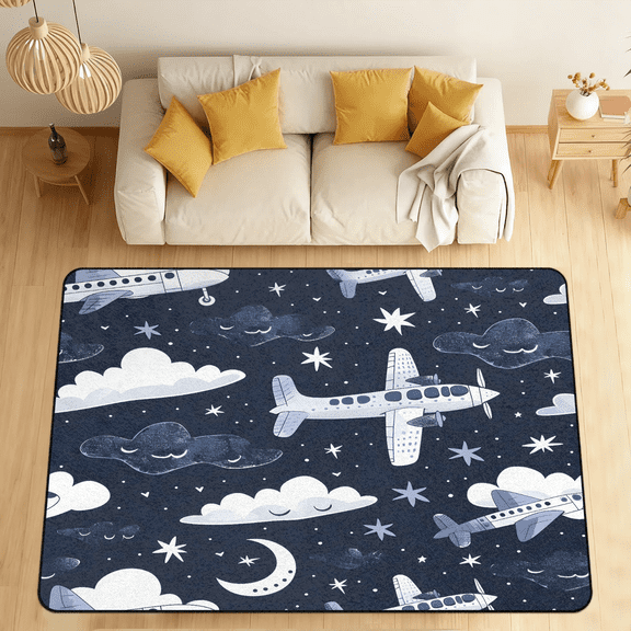 CURLYOOT Aircraft Area Rugs for Living Room Bedroom, 4' 10" x 6' 8" Washable Rug, Flying Airplane Navy Blue Floor Carpet with Non Slip Backing for Dining Room Indoor
