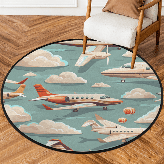 CURLYOOT Airplane Aircraft 5.2ft Round Rug for Living Room, Large Washable Area Rug, Non Slip Floor Mat Indoor Rugs for Bedroom, Dining Room, Offices, Entryway