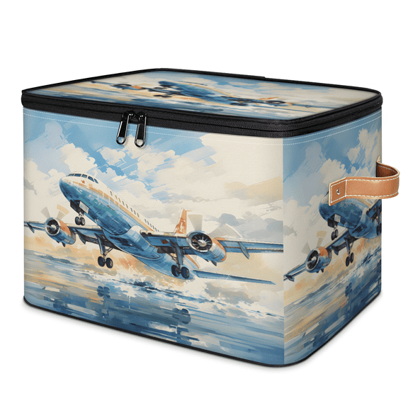 CURLYOOT Airplane Design Fabric Storage Bins with Lids, Foldable Storage Boxes Washable Storage Cube, Closet Bedroom Home Organizer Containers with PU Leather Handles