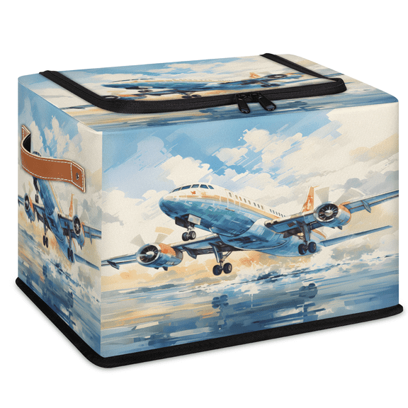CURLYOOT Airplane Design Storage Bin With Zipper Lid, Foldable Clothes Organizer Lidded Storage Baskets, Rectangular Box Closet Shelf Organizer for Bedroom Living Room