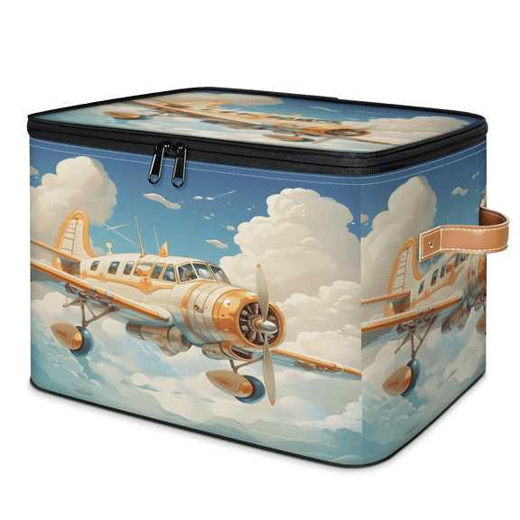CURLYOOT Airplane Sky Fabric Storage Bins with Lids, Foldable Storage Boxes Washable Storage Cube, Closet Bedroom Home Organizer Containers with PU Leather Handles