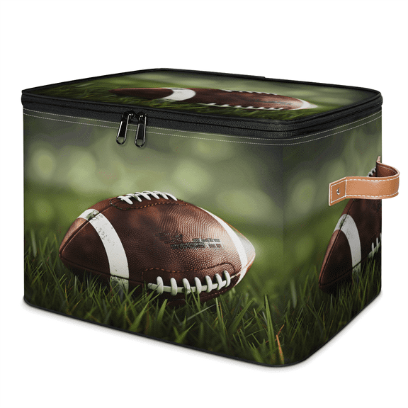 CURLYOOT American Football Ball Fabric Storage Bins with Lids, Rugby Foldable Storage Boxes Washable Storage Cube, Closet Bedroom Home Organizer Containers with PU Leather Handles