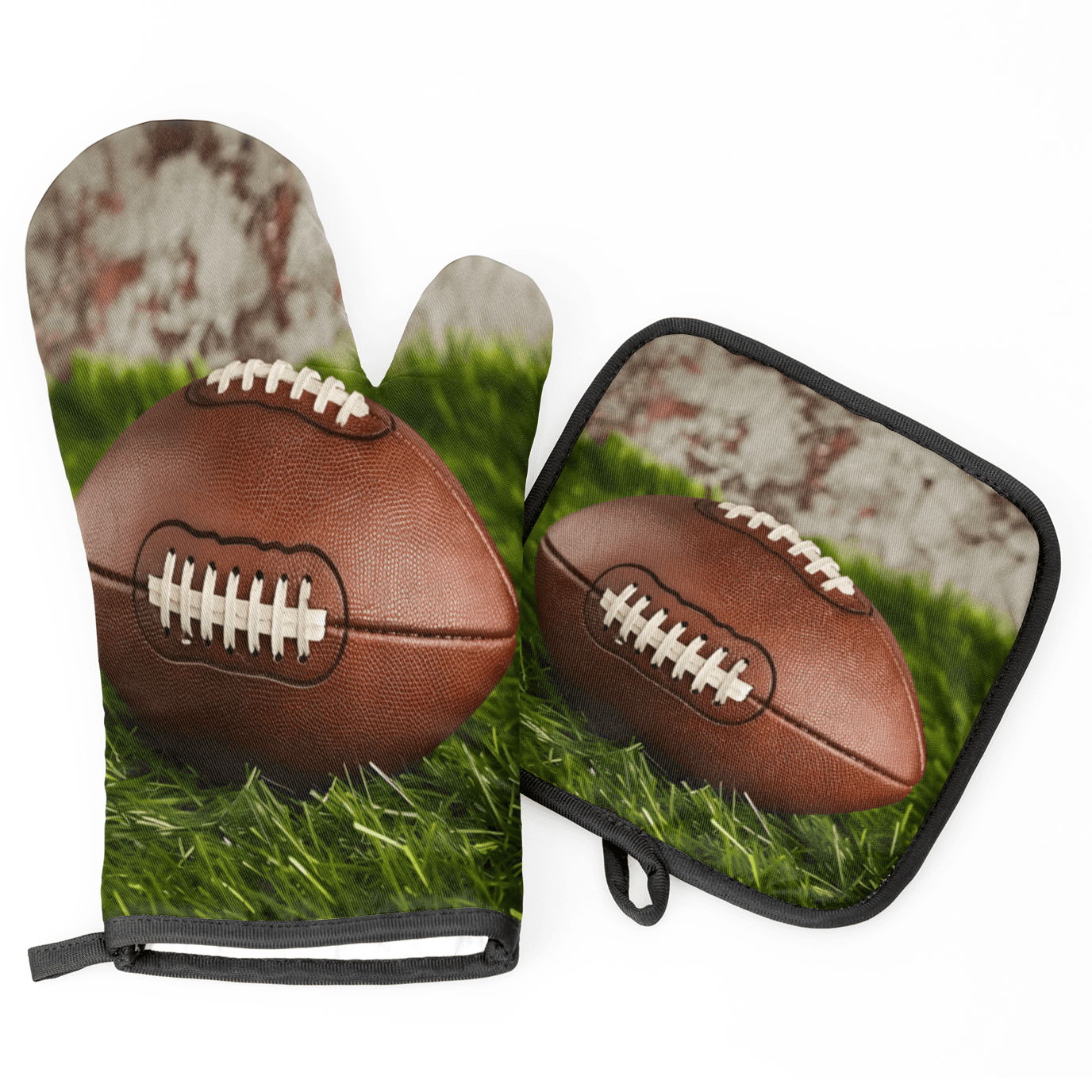 CURLYOOT American Football Oven Mitts and Pot Holders Sets of 2, Non-Slip Washable Rugby Field Hot Pads and Oven Gloves for Kitchen Cooking Baking