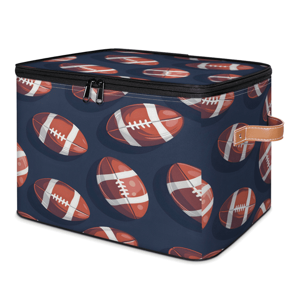 CURLYOOT American Football Storage Bins with Zipper Lid Fabric Storage Baskets Boxes Sports Washable Foldable Clothes Organizer Container with Leather Handles for Shelves Closet