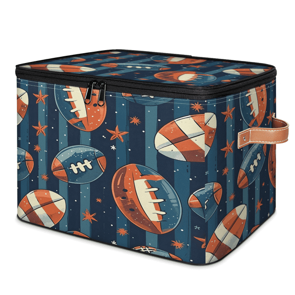 CURLYOOT American Football Storage Bins with Zipper Lid Fabric Storage Baskets Boxes Stars striped Washable Foldable Clothes Organizer Container with Leather Handles for Shelves Closet