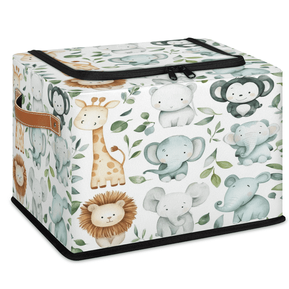 CURLYOOT Animal Cute Giraffe Elephant Lion Storage Bin With Zipper Lid, Foldable Clothes Organizer Lidded Storage Baskets, Rectangular Box Closet Shelf Organizer for Bedroom Living Room