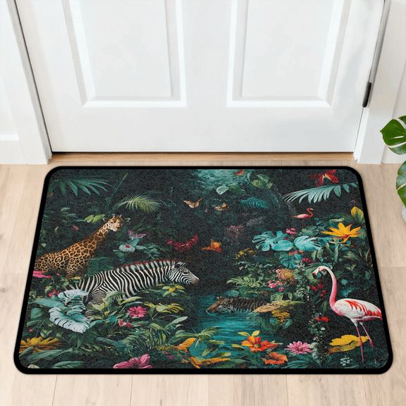 CURLYOOT Animal Forest Wildlife Giraffe Flamingo Indoor Doormat, Non-Slip Absorbent Door Mat 24" x 16", Entrance Floor Mat Washable Entry Doormats for Entryway Front Back Door