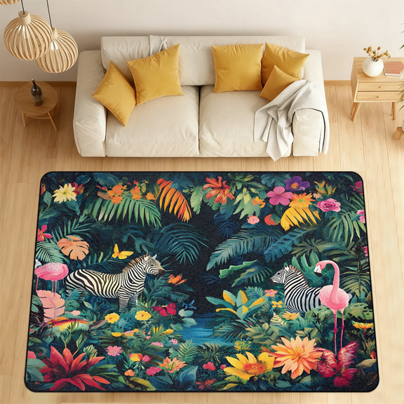 CURLYOOT Animal Forest Wildlife Zebras Flamingo Area Rugs for Living Room Bedroom, 4' 10" x 6' 8" Washable Rug, Floor Carpet with Non Slip Backing for Dining Room Indoor