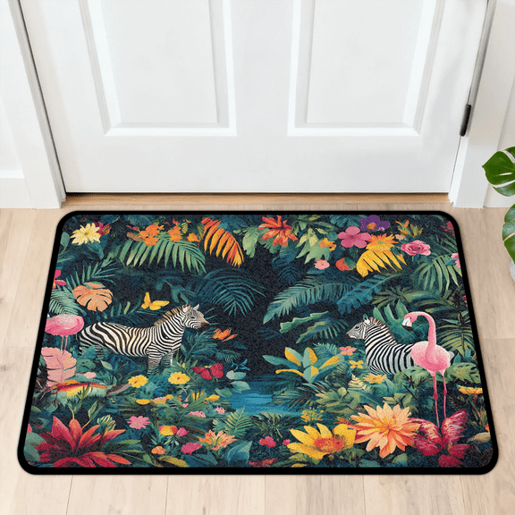 CURLYOOT Animal Forest Wildlife Zebras Flamingo Indoor Doormat, Non-Slip Absorbent Door Mat 24" x 16", Entrance Floor Mat Washable Entry Doormats for Entryway Front Back Door