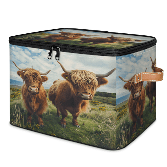 CURLYOOT Animal Highland Cow Fabric Storage Bins with Lids, Foldable Storage Boxes Washable Storage Cube, Closet Bedroom Home Organizer Containers with PU Leather Handles