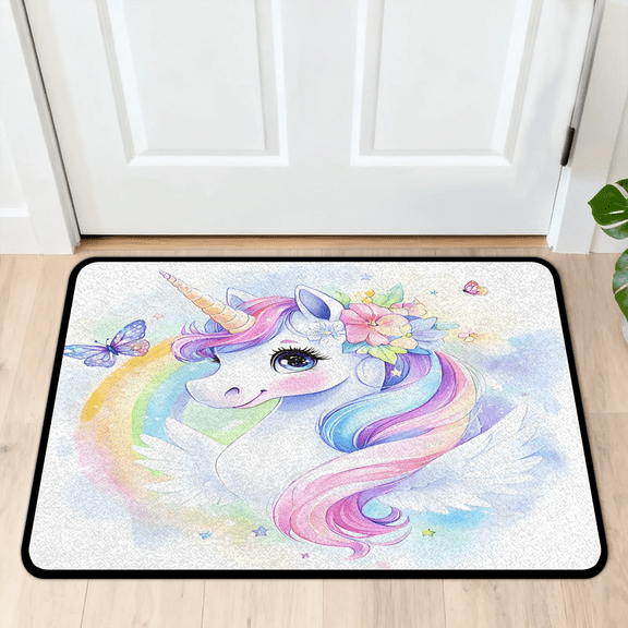 CURLYOOT Animal Unicorn Fancy Cartoon Indoor Doormat, Non-Slip Absorbent Door Mat 24" x 16", Entrance Floor Mat Washable Entry Doormats for Entryway Front Back Door