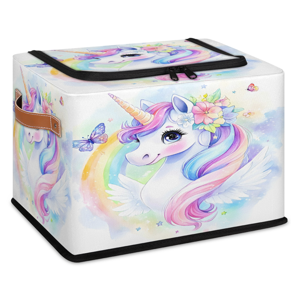 CURLYOOT Animal Unicorn Fancy Cartoon Storage Bin with Zipper Lid, Foldable Clothes Organizer Lidded Storage Baskets, Rectangular Box Closet Shelf Organizer