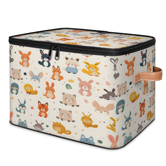 CURLYOOT Animals Fabric Storage Bins with Lids, Cute Forest Animals Foldable Storage Boxes Washable Storage Cube, Closet Bedroom Home Organizer Containers with PU Leather Handles