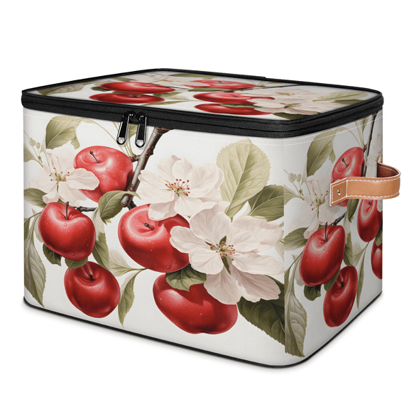 CURLYOOT Apples Red Fruit Storage Bin with Zipper Lid, Fabric Decorative Lidded Storage Baskets Boxes, Foldable Organizer Container Basket for Bedroom Closet Shelf
