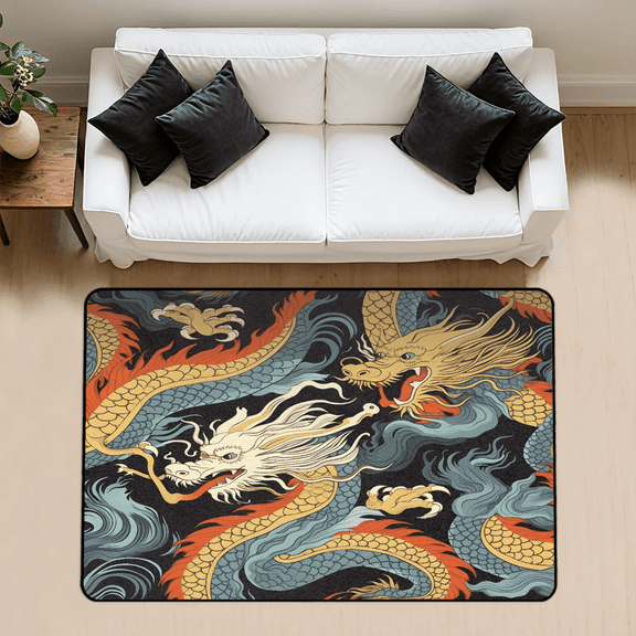 CURLYOOT Asian Dragon Area Rug 3x5 Ft Rugs for Entryway Entrance Kitchen, Washable Non Slip Indoor Floor Carpet for Bedroom Living Room