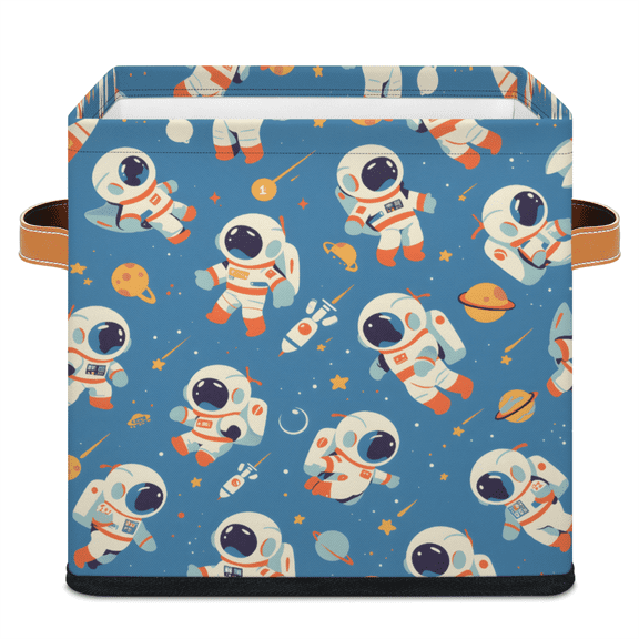 CURLYOOT Astronaut Cube Storage Bin, 11 Inch Storage Cube Fabric Bin for Shelves, Galaxy Rocket Foldable Clothes Organizer Baskets with Leather Handle for Closet Home