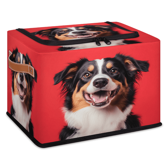 CURLYOOT Australian Shepherd Dog Puppy Pet Animal Storage Bin With Zipper Lid, Foldable Clothes Organizer Lidded Storage Baskets, Rectangular Box Closet Shelf Container Organizer for Home Dorm