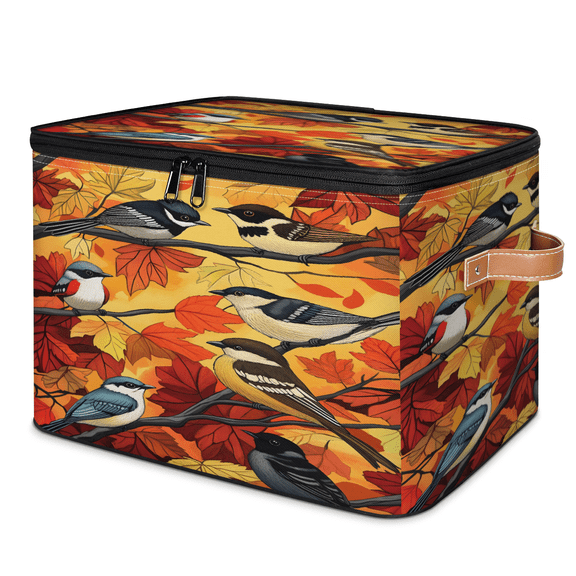 CURLYOOT Autumn Fall Maple Leaf Birds Storage Bins with Lid, Decorative Fabric Storage Boxes, Foldable Closet Shelf Organizer Baskets for Bedroom, Living Room, Home