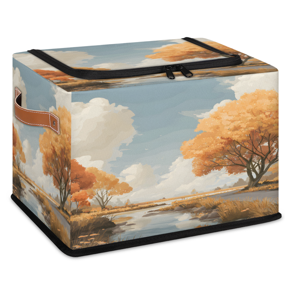 CURLYOOT Autumn Lake Tree Storage Bin with Zipper Lid, Foldable Clothes Organizer Lidded Storage Baskets, Rectangular Box Closet Shelf Organizer for Living Room Bedroom Home