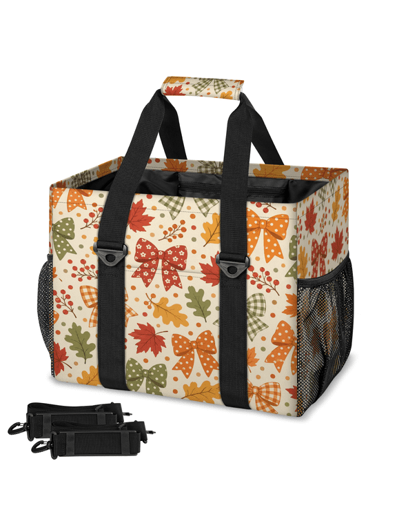 Autumn Maple Leaf Bow Reusable Grocery Bag, Large Shopping Tote with Handle for Groceries, Fodable Tote Bag for Kitchen, Car Trunk, Picnic
