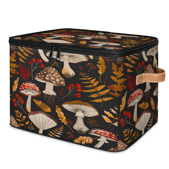 CURLYOOT Autumn Mushroom Fabric Storage Bins with Lids, Foldable Storage Boxes Washable Storage Cube, Closet Bedroom Home Organizer Containers with PU Leather Handles