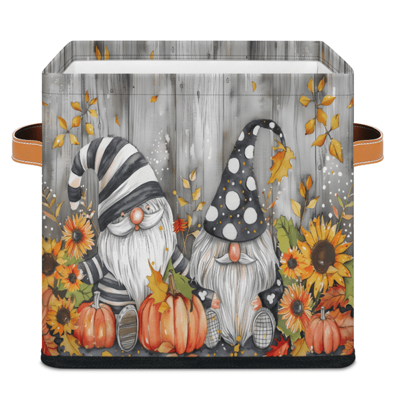 CURLYOOT Autumn Pumpkin Black and White Gnome 11 x 11 Inch Cube Storage Bin, Fabric Storage Cube Foldable Basket with Leather Handles, Organizer Basket for Closet Shelves