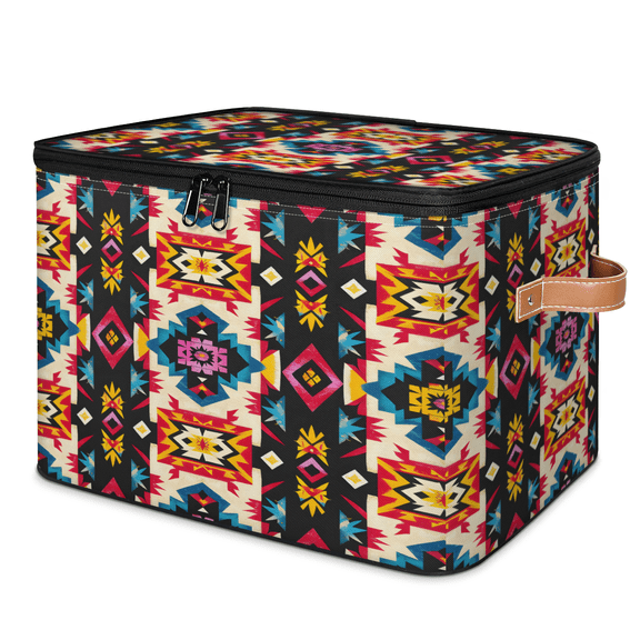 CURLYOOT Aztec Fabric Storage Bins with Lids, Abstract Geometric Boho Foldable Storage Boxes Washable Storage Cube, Closet Bedroom Home Organizer Containers with PU Leather Handles