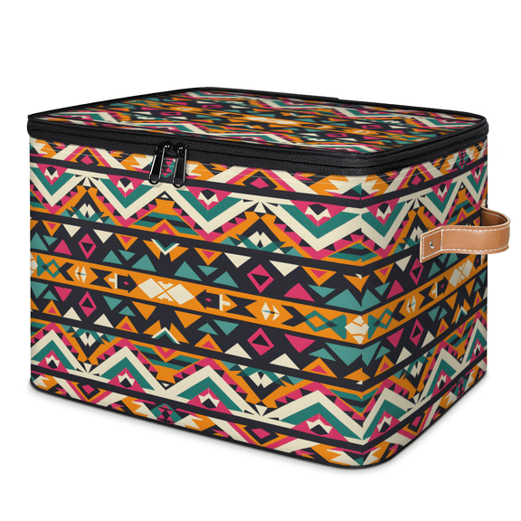 CURLYOOT Aztec Fabric Storage Bins with Lids, Southwestern Native Boho Foldable Storage Boxes Washable Storage Cube, Closet Bedroom Home Organizer Containers with PU Leather Handles