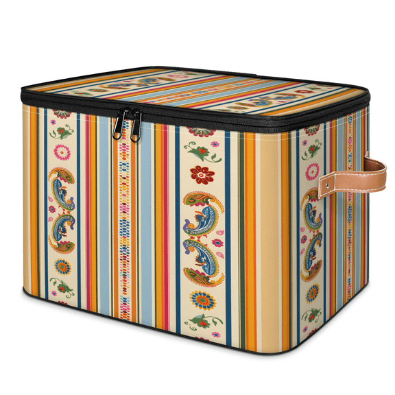 CURLYOOT Aztec Fabric Storage Bins with Lids, Western Ethnic Boho Foldable Storage Boxes Washable Storage Cube, Closet Bedroom Home Organizer Containers with PU Leather Handles