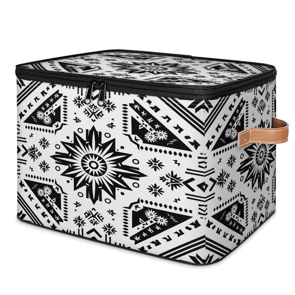 CURLYOOT Aztec Geometric Storage Bins with Zipper Lid Fabric Storage Baskets Boxes Black Washable Foldable Clothes Organizer Container with Leather Handles for Shelves Closet