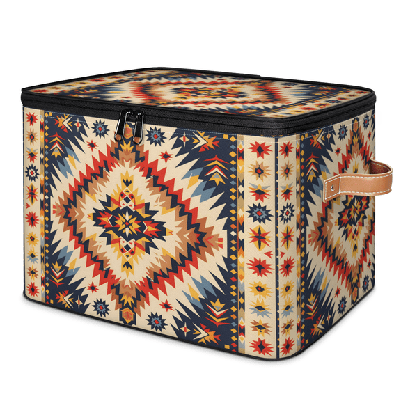 CURLYOOT Aztec Geometric Storage Bins with Zipper Lid Fabric Storage Baskets Boxes Washable Foldable Clothes Organizer Container with Leather Handles for Shelves Closet