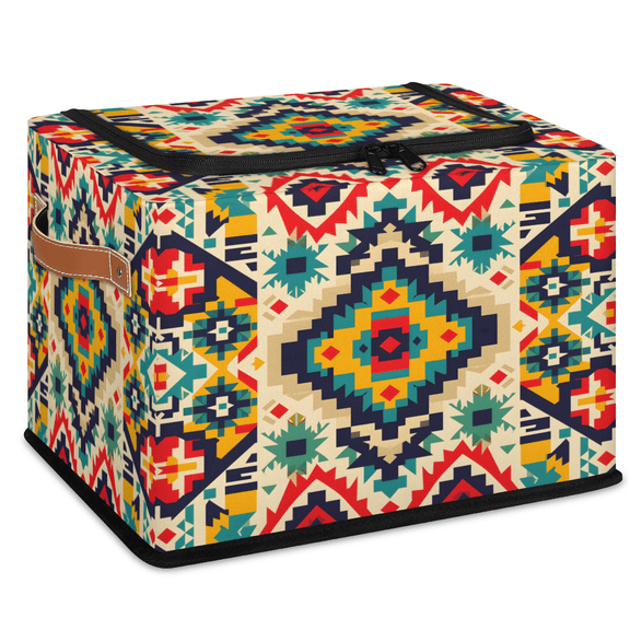 CURLYOOT Aztec Storage Bin with Zipper Lid Foldable Storage Basket Box Farmhouse Geometric Clothes Organizer Container for Closet, Shelf, Bedroom, Home Decor