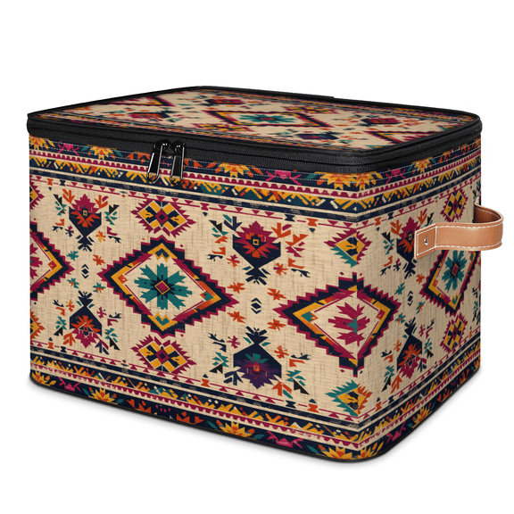 CURLYOOT Aztec Storage Bins with Zipper Lid Fabric Storage Baskets Boxes Ethnic Geometric Washable Foldable Clothes Organizer Container with Leather Handles for Shelves Closet