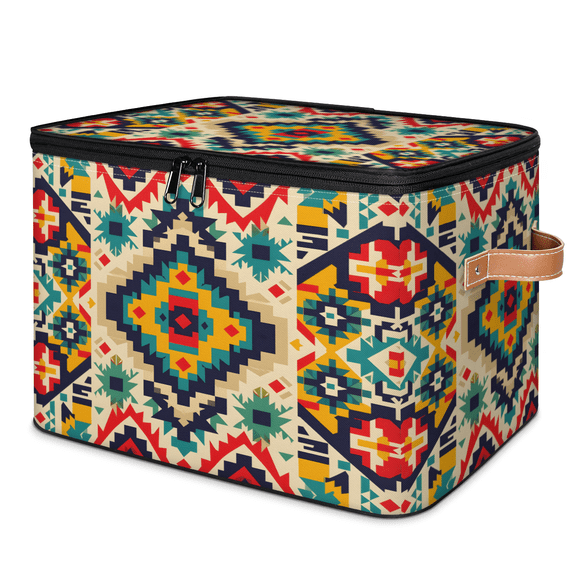 CURLYOOT Aztec Storage Bins with Zipper Lid Fabric Storage Baskets Boxes Farmhouse Geometric Washable Foldable Clothes Organizer Container with Leather Handles for Shelves Closet