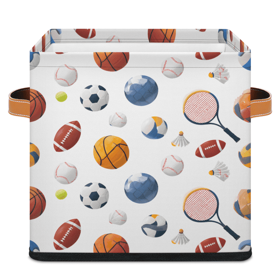 CURLYOOT Ball Game Sports Cube Storage Bin, 11 Inch Storage Cube Fabric Bin for Shelves, Foldable Clothes Organizer Baskets with Leather Handle for Closet Home