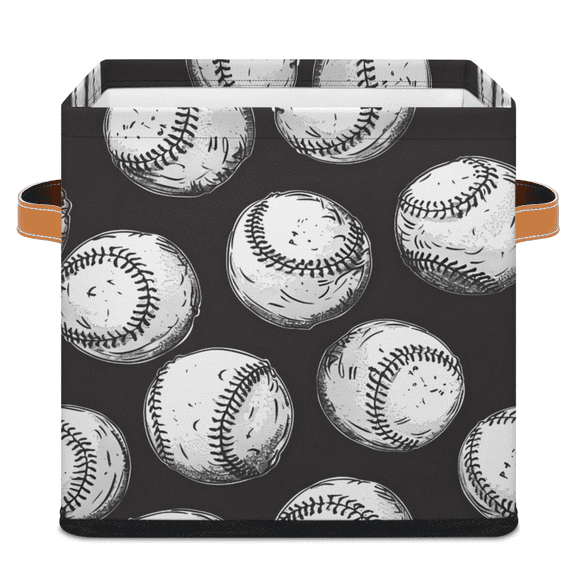 CURLYOOT Baseball 11 x 11 Inch Cube Storage Bin, Decorative Storage Cube Foldable Basket with Leather Handle, Fabric Bin for Closet Shelves Home Organizer