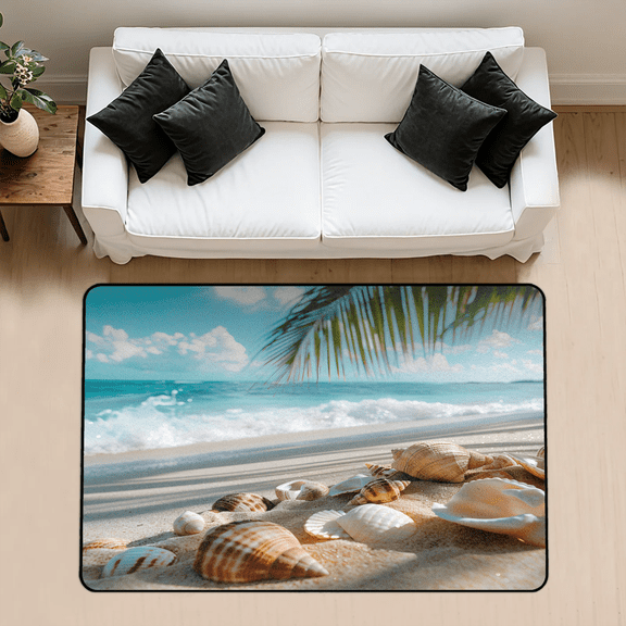 CURLYOOT Beach Area Rug 3x5 Ft Rugs for Entryway Entrance Kitchen, Washable Non Slip Seashell Starfish Indoor Floor Carpet for Bedroom Living Room