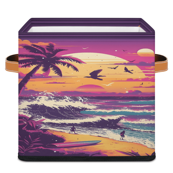 CURLYOOT Beach Coastal Cube Storage Bin, 11 Inch Storage Cube Fabric Bin for Shelves, Sea Scenery Foldable Clothes Organizer Baskets with Leather Handle for Closet Home