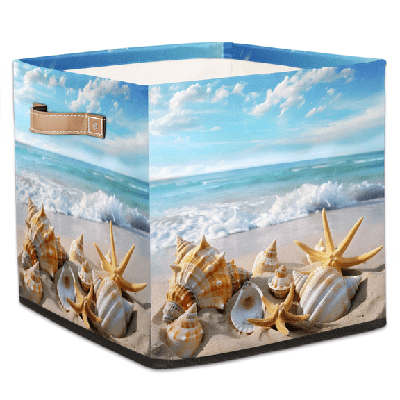 CURLYOOT Beach Cube Storage Bin, 13 x 13 x 13 Storage Cube Bins for Organizing, Starfish Seashell Fabric Foldable Closet Baskets with Handles for Closet, Shelves, Clothes