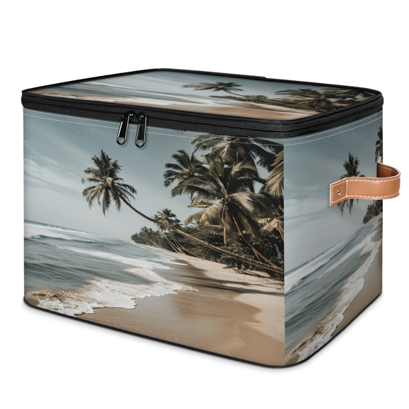 CURLYOOT Beach Fabric Storage Bins with Lids, Hawaiian Palm Trees Foldable Storage Boxes Washable Storage Cube, Closet Bedroom Home Organizer Containers with PU Leather Handles